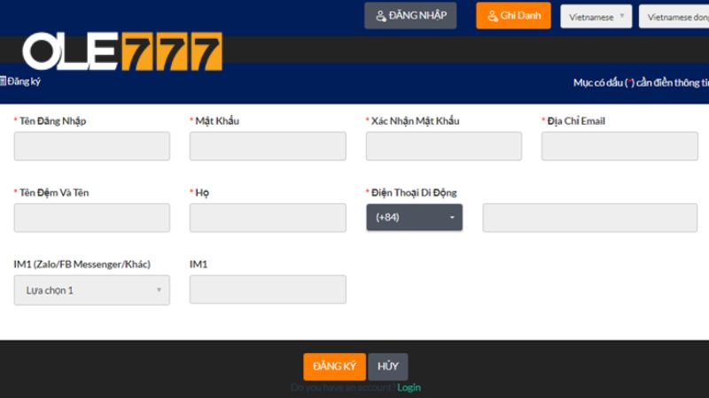 Form đăng ký tài khoản đại lý do Ole777 cung cấp